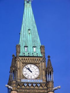 Photo of Peace Tower clock and observation deck.